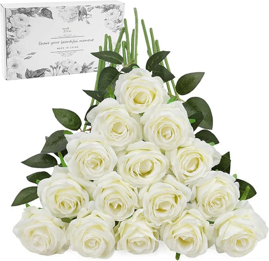 White Fake Roses Artificial Flowers - 16 Pcs Fake Artificial Roses Silk Flowers with Stems for Home Wedding Hotel Office Centerpiece Decor