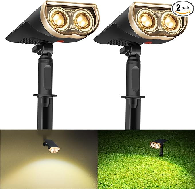 Consciot Solar Spotlights Outdoor, IP67 Waterproof 2-in-1 Solar Spot Lights, Durable Christmas Decorations Lights for Garden Yard Pathway Driveway Porch Walkway, Auto On/Off, 2 Pack(Warm White)