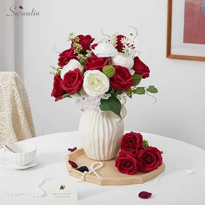 Serwalin 30PCS Red Roses Artificial Flowers, Realistic Red Roses Bouquet with Long Stems Fake Silk Roses Flowers for Wedding Centerpieces Bridal Bouquet Party Home Decor