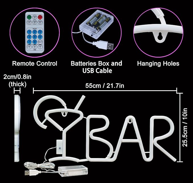 iKefe Neon LED Signs Bar Letter Light Up Beer with Remote/Blue Cocktail Glass Pink LED, USB & Battery Operated Bar Light for Home Bar, Business, Pub, Bistro, Halloween Party, Wall Art Decorations