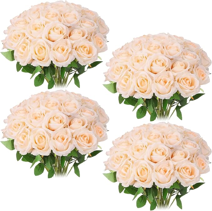 36 Pcs Champagne Artificial Roses with Long Stems, Fake Silk Rose Artificial Flowers Bulk for Bridal Wedding Bouquet Centerpiece Ball Arrangement Party Decor