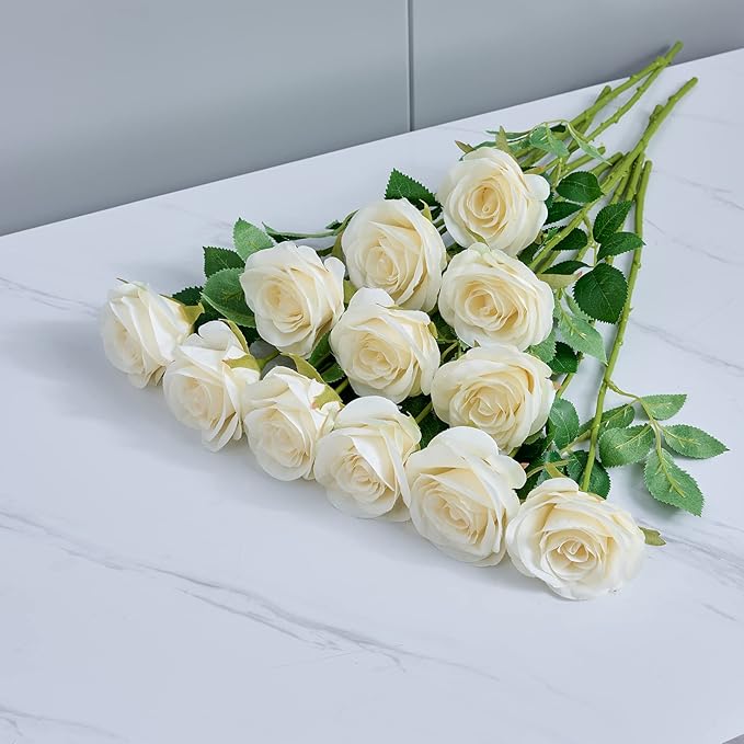 12pcs Ivory Roses Artificial Flowers Silk Flowers Fake Roses with Long Stems for Wedding Decor Home Decor Baby Shower Party Centerpieces Decorations