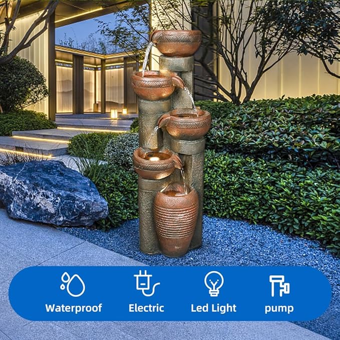 5 -Tier Outdoor Garden Water Fountain Decor, Resin Fountain for Garden, Floor Patio, Deck, Porch, Backyard and Home Art Decor (Brown, 39.7inch)