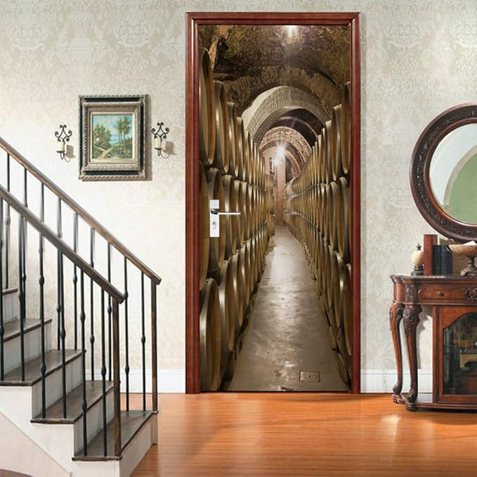 3D Door Stickers Murals Peel and Stick - Wine Cellar Wallpaper Self-Adhesive Decals - Removable PVC Waterproof Poster for Bedroom Living Room 37.4" x 82.7"