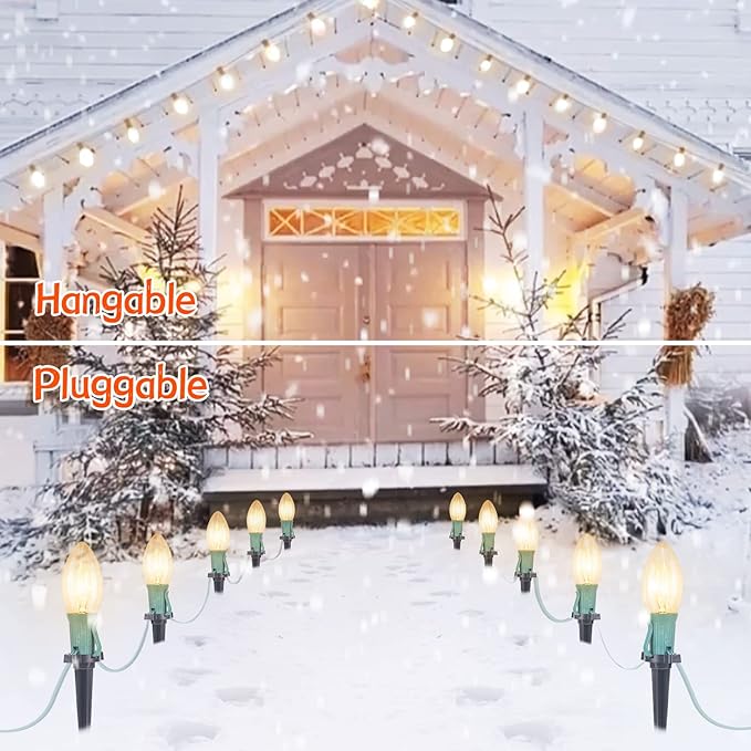 Brightown 4 Pack C9 Christmas Pathway Lights Outdoor - Total 102.8 FT Walkway Lights with 80 Clear Bulbs, Connectable Christmas Stake Lights, Outdoor Christmas Decoration for Lawn Holiday, Warm White