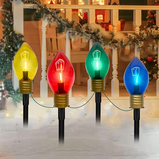 Jumbo C9 Christmas Pathway Lights Outdoor, 2 Pack 7Ft Christmas Decorations Lights with 8 LED Jumbo Multicolor Bulb and Pathway Marker Stakes Lights for Outdoor Christmas Walkway Lawn Yard Garden