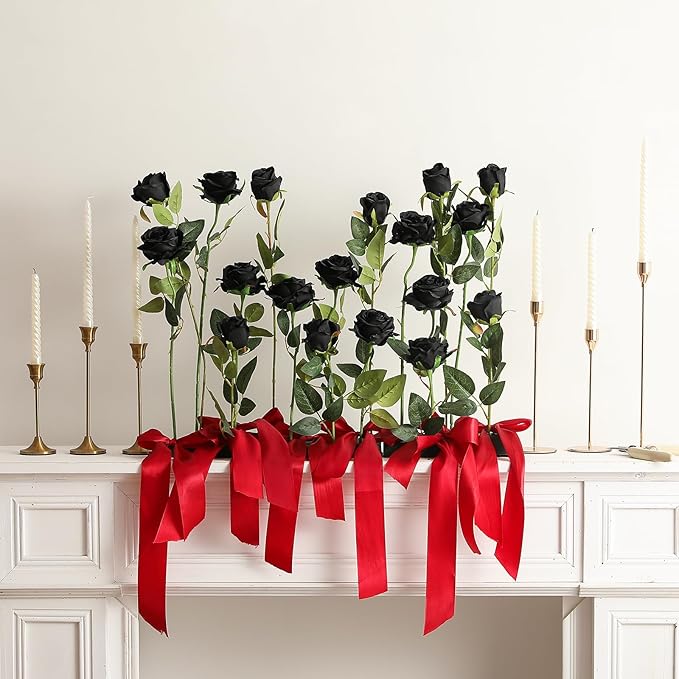 Hawesome 12PCS Artificial Silk Flowers Realistic Roses Bouquet Long Stem for Home Wedding Decoration Party (Black-1)