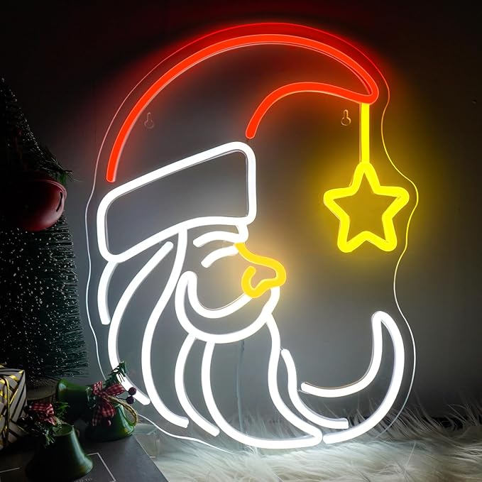 Moon Christmas Santa Neon Sign,Cute Anime Neon Light,Moon Star Neon Sign for Wall Decor,Red Christmas Hat USB Neon Light Sign for Party Store Living Room Bar Door Kids Bedroom Christmas Gift