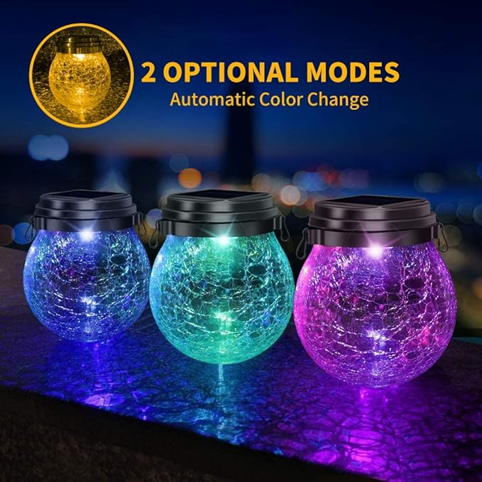 DBF Solar Lanterns Outdoor Waterproof, 4 Pack Hanging Solar Lights Outdoor, LED Cracked Glass Ball Globe Lantern Garden Decor for Patio Backyard Pathway Tree Porch Fence Events (Amber Warm & RGB)