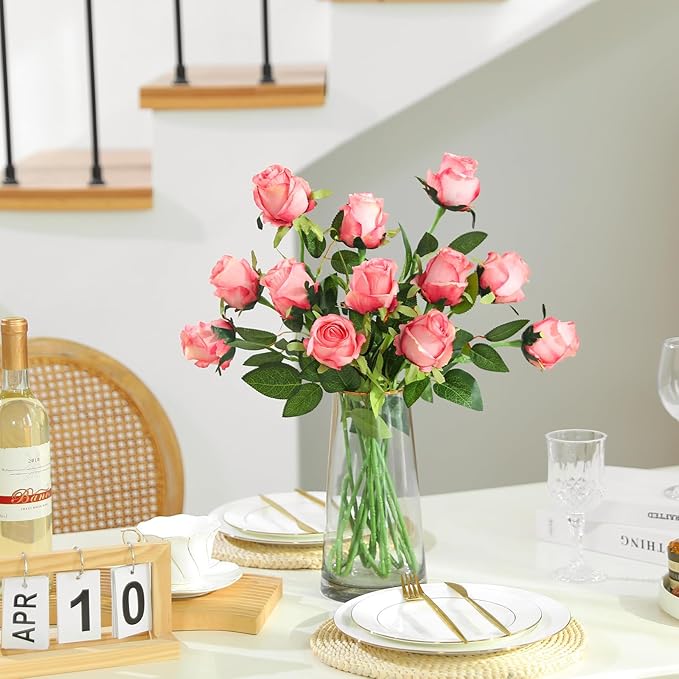 12Pcs Realistic Fake Dark Pink Roses Faux Flowers with Long Stems, Artificial Silk Rose Flowers for Valentines Day Home Wedding Decor Bridal Bouquet