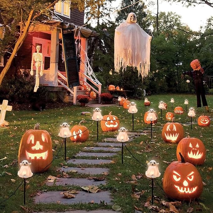 Goothy Halloween Ghosts Pathway Marker Lights, 4 White Ghosts with 4 Stakes, 7Ft Extendable Pathway String Lights, Waterproof for Halloween Lawn Walkway Driveway Markers