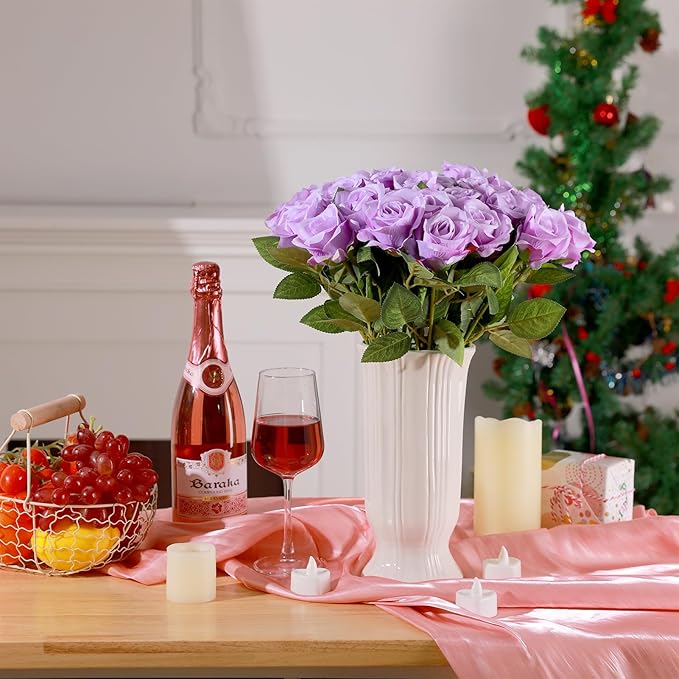 36 Pcs Silk Purple Rose Bouquet Bridal Artificial Flowers,Fake Rose Long Stem Realistic Artificial Flowers Bulk for Wedding Bouquet Ball Arrangement Centerpiece Party Decor