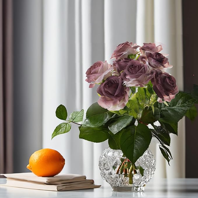 Burgundy Artificial Roses Fake Flowers Not Bend The Peduncle with Stems for DIY Wedding Bouquets Bridal Shower Centerpieces Arrangements Tables Decorations 24pcs