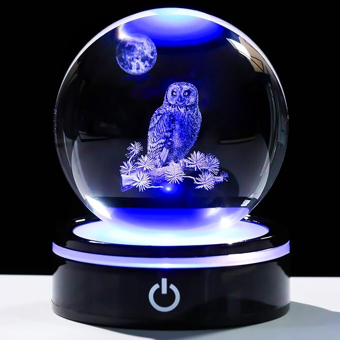 YWHL 3D Owl Figurine Crystal Ball With Colorful Light Base, Gifts for Women Men Lovers on Christmas Birthday, Laser Engraved Sphere Glass Ball for Home Office Decoration (80mm)