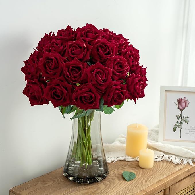 Fake Roses Faux Flowers Silk Roses Artificial Roses with Stems Realistic Artificial Flowers Suitable for Indoor Home Decoration DIY Bouquet Wedding Decor Party Decor 16.5In (24PCS, Red)