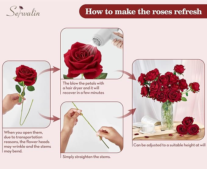 Serwalin 50pcs Artificial Red Roses, 4'' Velvet Flower Head Fake Rose Bulk, Real Touch Silk Roses Realistic Bouquet Long Stems Wedding Home Decor and Table Centerpiece
