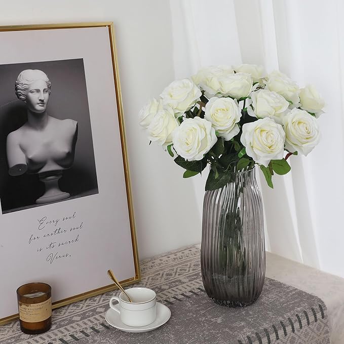 White Fake Roses Artificial Flowers - 16 Pcs Fake Artificial Roses Silk Flowers with Stems for Home Wedding Hotel Office Centerpiece Decor