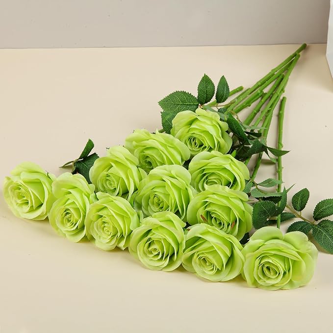 12pcs Roses Artificial Flowers Fake Roses Green Silk Roses White Silk Flowers Rose with Long Stems for Wedding Home Party Centerpieces Decorations