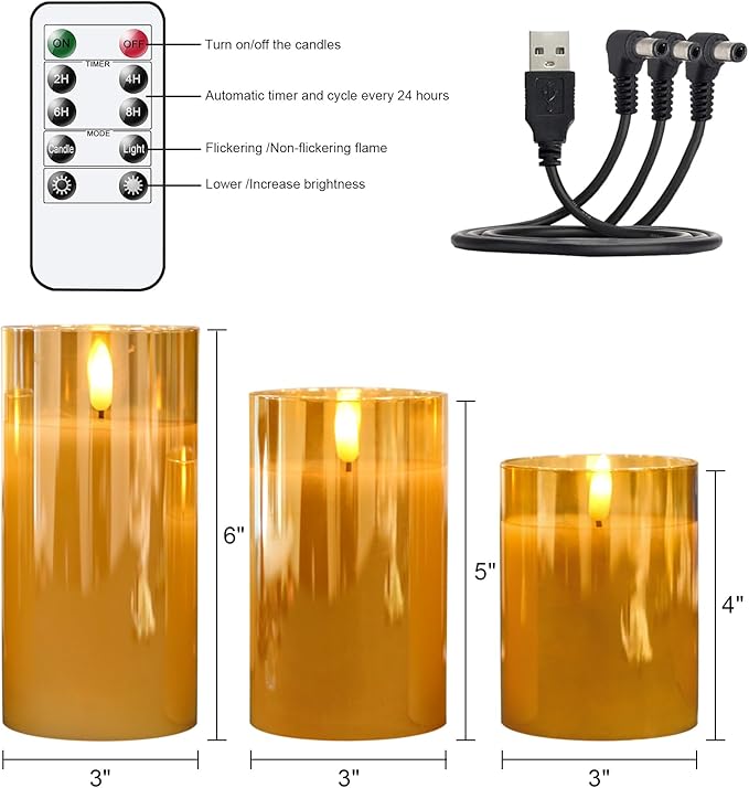 Rechargeable Candles Flickering with Remote, Rechargeable Flameless Candles with Timer, LED Candles Battery Operated with 3D Wick and Charging Cable for Valentine's Day Home Decor(Gold)