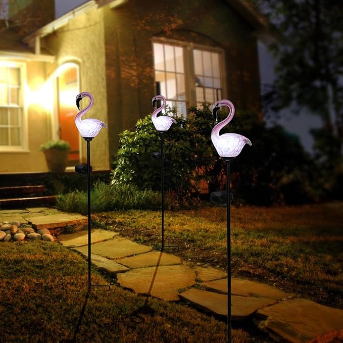 Afirst Solar Outdoor Lights Decorative - Solar Garden Stake Lights Flamingo Handblown Glass Garden Stakes Garden Pathway Lights Outdoor Waterproof Glass Stakes 4" W 2 Pack