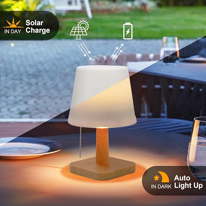 pearlstar Solar Table Lamp Outdoor - 2 Pack LED Waterproof Cordless Solar Desk Lamp with Pull Chain 2 Lighting Modes, Auto ON/Off for Outside Patio Coffee Table Garden Bedroom Living Room(White)