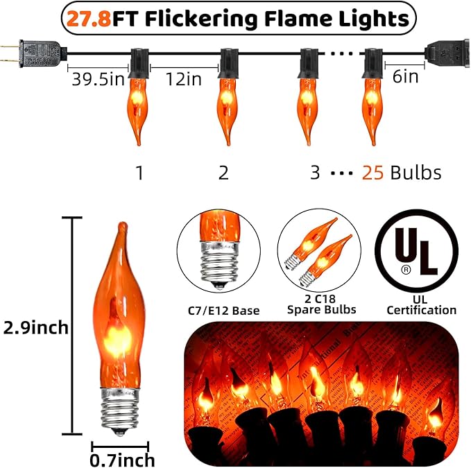 27.8Ft Halloween Decorations Flickering Flame String Lights with 27 Pack Orange Clear Flame Light Bulbs (4 Spare E12 Bulbs), Orange Christmas Lights Outdoor for Home Party Christmas Halloween Decor