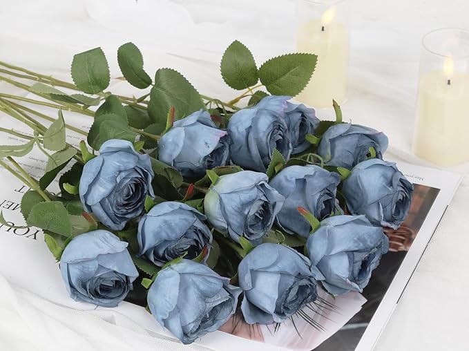 12 pcs Dusty Blue Roses Artificial Flowers Vintage Burnt Edge Rose 20" Realistic Silk Roses Bouquet with Long Stem for Wedding Party Floral Centerpieces Decoration (Dusty Blue)