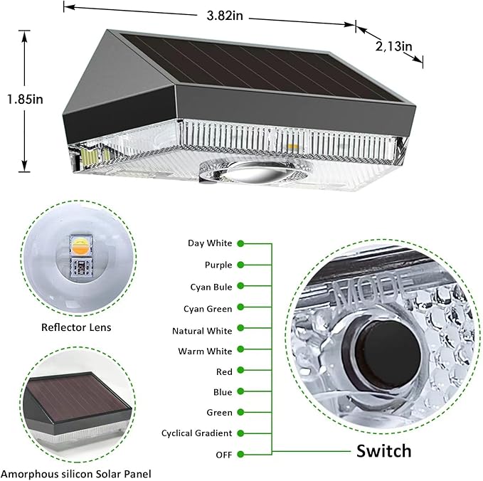 Solar Fence Lights Outdoor - Warm White & RGB 6 Color, Dusk to Dawn Deck Lights, IP65 Waterproof Solar Outdoor Lights for Fence/Backyard/Railing/Step/Patio/Wall (6 Pack)