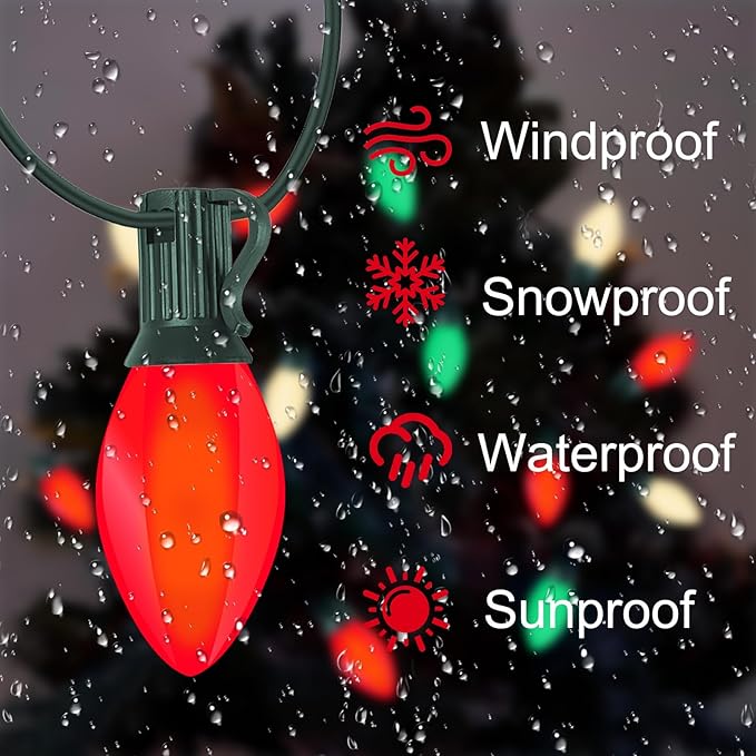 C7 LED Red White and Green Christmas Lights, 25Ft Outdoor Christmas String Lights with 27 LED Multicolor Plastic Bulbs, Vintage Christmas Lighst for Outside Patio Backyard Tree Cafe Party House Decor