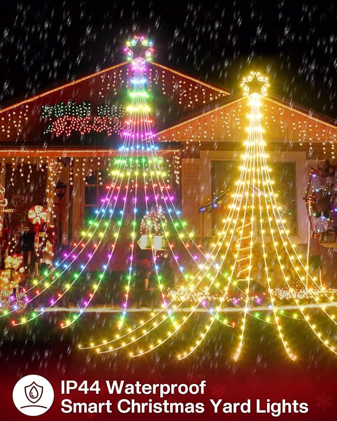 23FT Smart Waterfall Christmas Tree Lights Outdoor Decorations, App Control Color Changing Yard Lights Music Sync Chasing Effect Waterproof Outside 355 LED Star String Lights