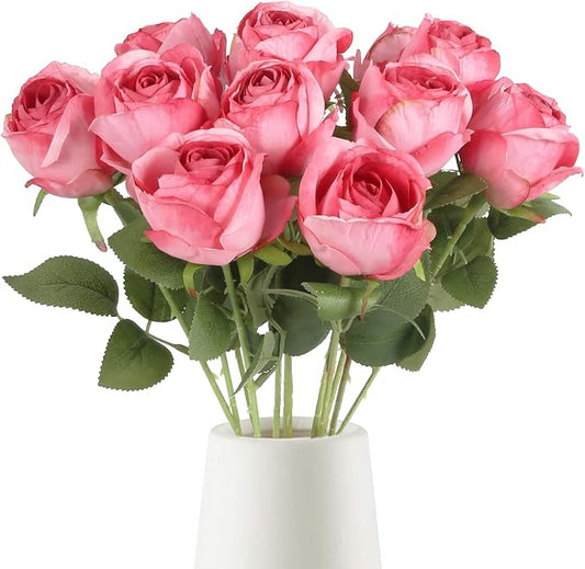 12 pcs Hot Pink Roses Artificial Flowers Vintage Burnt Edge Rose 20" Realistic Silk Roses Bouquet with Long Stem for Wedding Party Floral Centerpieces Decoration (Hot Pink)