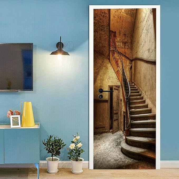 3D Door Stickers Murals Peel and Stick - Old Stairs - Door Wallpaper Self-Adhesive Door Decals Removable PVC Waterproof Door Poster for Bedroom Living Room Door Wall Decoration 34.6 x 78.7 inch