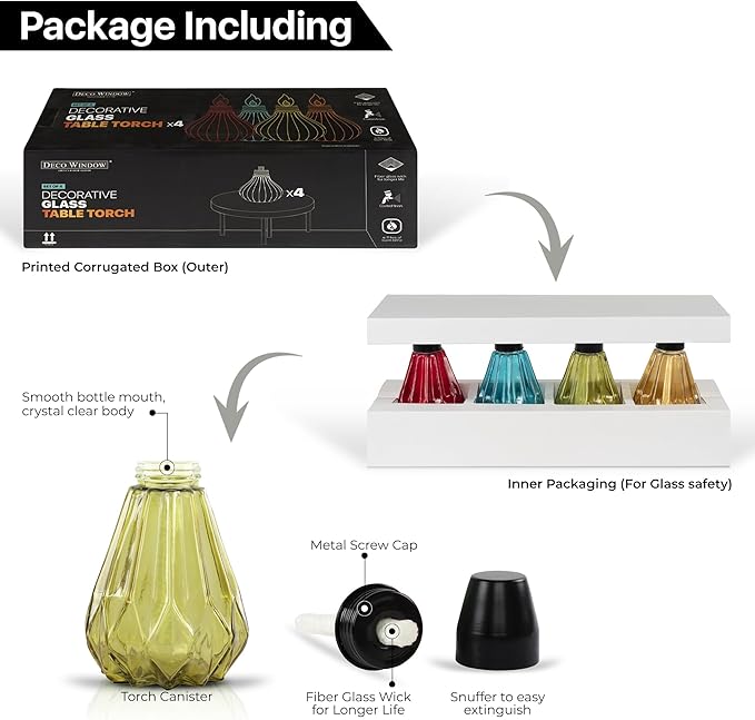 Deco Window Pack of 4 Table Torch for Indoor Outdoor Citronella Oil Tabletop Glass Lamp Landscape Multicolored Lantern with Fiberglass Wick & Cap for Garden Patio Yard Party Decor Light