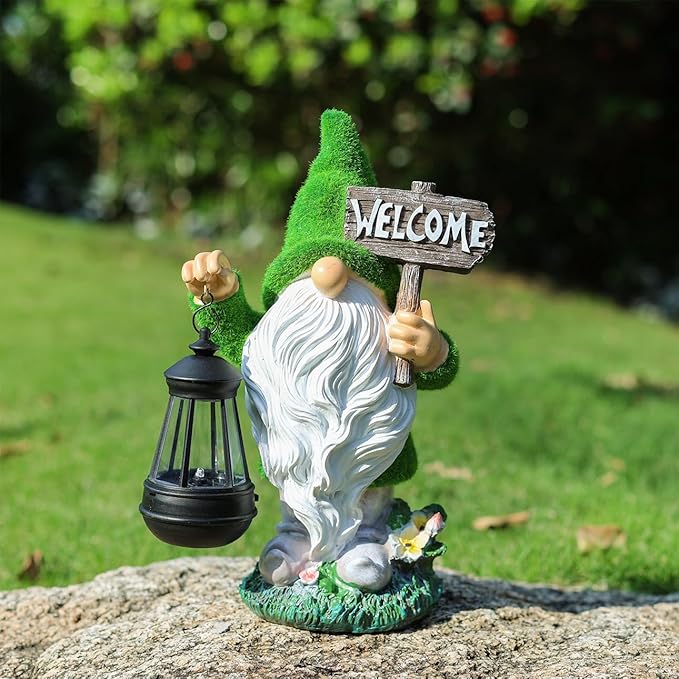 Garden Outdoor Statues, Solar Gnome Statues,Gnome Decorations with Solar Outdoor Lights for Garden Decor, Garden Sculptures & Statues for Front Porch Patio Lawn, Gifts for Mom, 13"", Green