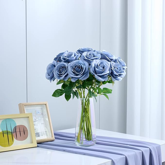 12pcs Rose Artificial Flowers Fake Roses Dusty Blue Silk Roses Blue Silk Flowers Rose with Long Stems for Wedding Home Party Centerpieces Decorations