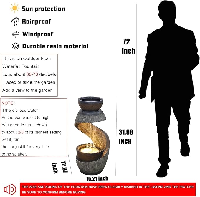 31.9" S-Shaped Water Outdoor Fountain–Modern Cascading Waterfall Feature with LED Lights & Planter Bowl, Garden Fountains Outdoor for Patio, Balcony, Yard or Home Decor, Resin Waterfall