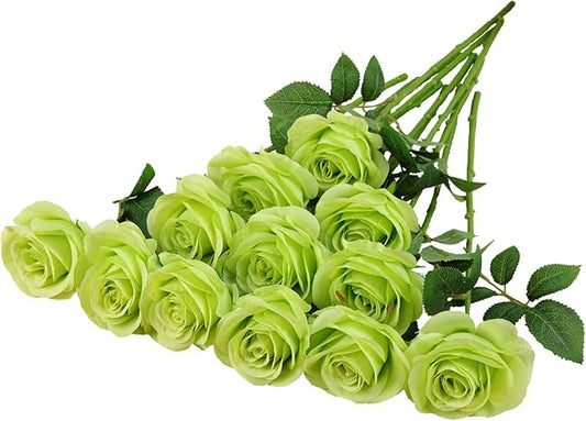 12pcs Roses Artificial Flowers Fake Roses Green Silk Roses White Silk Flowers Rose with Long Stems for Wedding Home Party Centerpieces Decorations