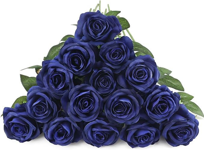 Blue Fake Roses Artificial Flowers - 10 Pcs Fake Artificial Roses Silk Flowers with Stems for Home Wedding Hotel Office Centerpiece Decor（Navy Blue）