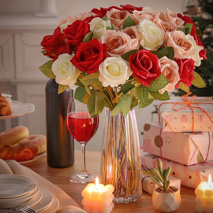 36 Pcs Red White Pink Artificial Roses with Long Stems, Fake Silk Rose Artificial Flowers Bulk for Bridal Wedding Bouquet Centerpiece Ball Arrangement Party Decor