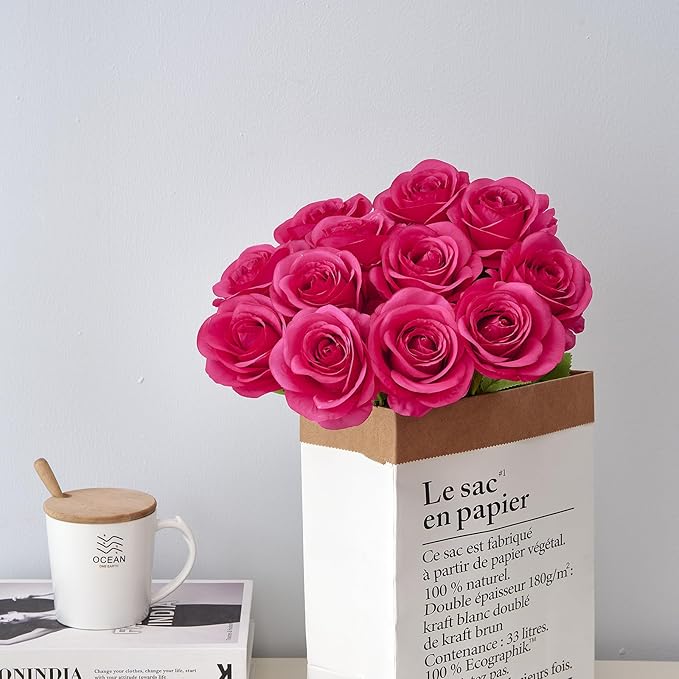 12PC Hot Pink Roses Artificial Flowers Fake Roses Silk Roses Flowers with Long Stems for Wedding Home Party Centerpieces Decorations