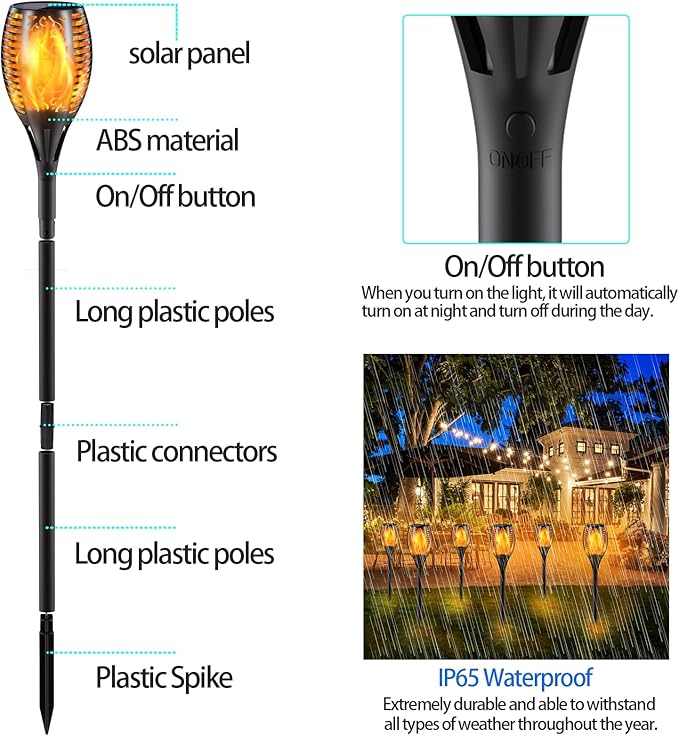 Solar Lights Upgraded 43" Tiki 96 LED Waterproof Flickering Flames Torch Lights Outdoor Solar Spotlights Landscape Decoration Lighting Dusk to Dawn Auto On/Off Security Torch Light (4 Pack)