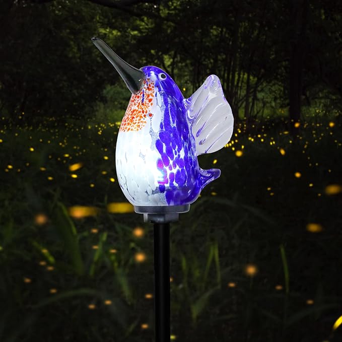 Afirst Decorative Solar Lights Outdoor Solar Hummingbird Stake Lights Hand Blown Glass Decorative Garden Pathway Light Outdoor Waterproof Glass Stakes Blue