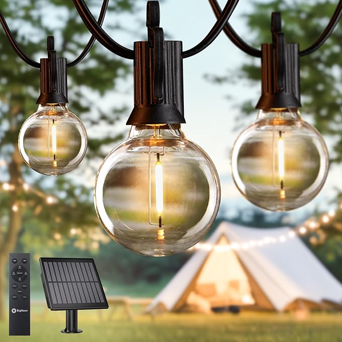 Brightown Solar String Lights Outdoor Waterproof with Remote Cable Ties and Hooks, 38FT Patio Lights with 15 LED Shatterproof Bulbs, 3 Light Modes, Dimmable Hanging Lights for Backyard Party Decor