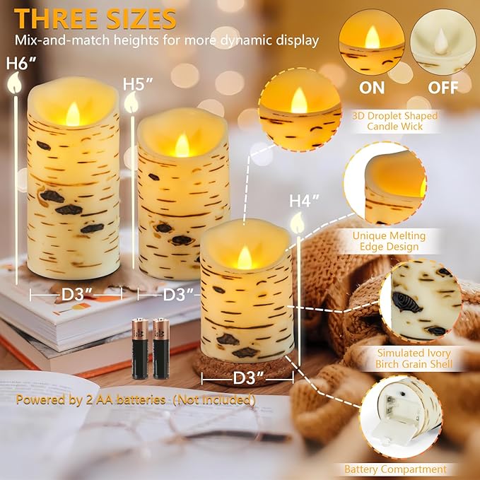 Metaku Flameless Candles Battery Operated Set of 3 Birch Bark LED Pillar Candles with Remote,3D Moving Wick Electric Decorative Candles for Christmas Party Wedding Home Bedroom,D 3"×H4 5" 6"