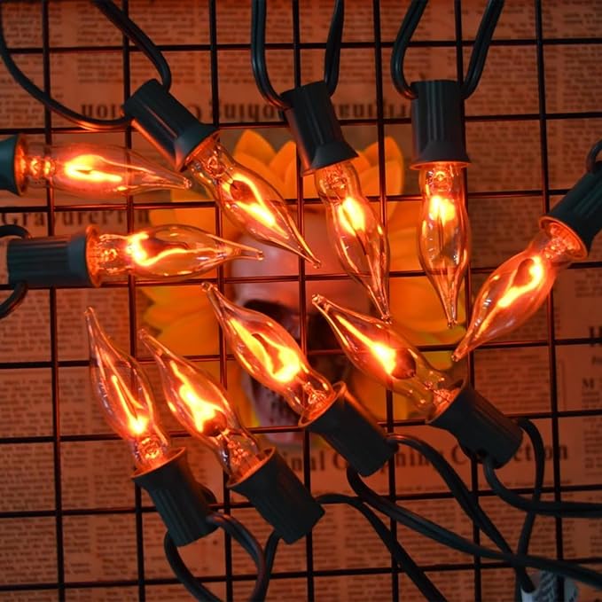 12.8Ft C7 Christmas Lights Flickering Flame String Lights with 12 Pack Clear Flame E12 Light Bulbs(2 Spare), Great for Christmas Decorations Indoor Outdoor Home Patio Party Lights, Green Wire