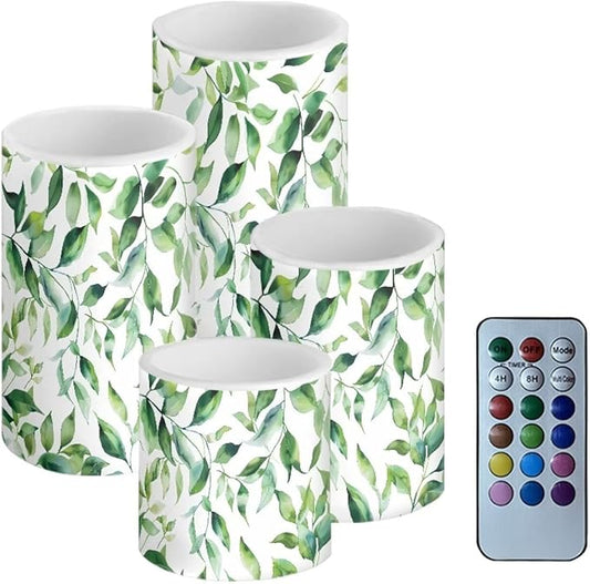 Flameless Candles Battery Powered LED Pillar Candles Tealights with Remote Timer Color Changing Control for Indoor Outdoor Home Desktop Decor Set of 4, Green Leaf White