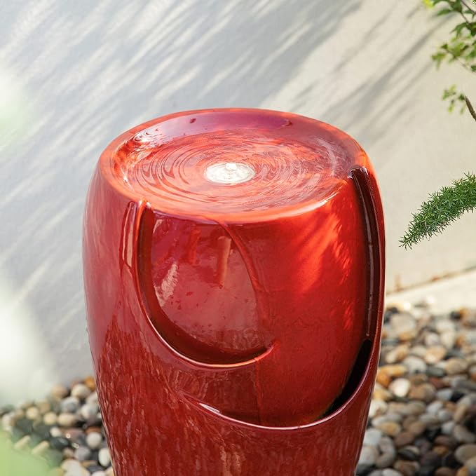 Glitzhome 21.25" H Ceramic Vase Outdoor Water Fountain Tall Patio Garden Water Fountain with LED Light and Submersible Pump Yard Art Decor, Red