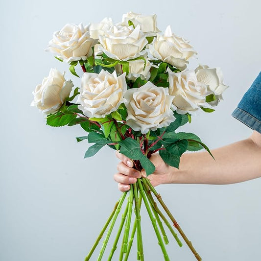 Fake Roses Faux Flowers 12PCS Silk Roses Artificial Roses with Stems Realistic Artificial Flowers Suitable for Indoor Home Decoration DIY Bouquet Wedding Decor Party Decor 16.5In (White)