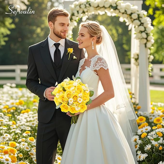 Serwalin 20pcs Artificial Yellow Roses, 4''Big Velvet Flower Head Fake Roses, Realistic Silk Roses Real Touch Bouquet Long Stems for Mother, Wedding Home Decor and Table Centerpiece