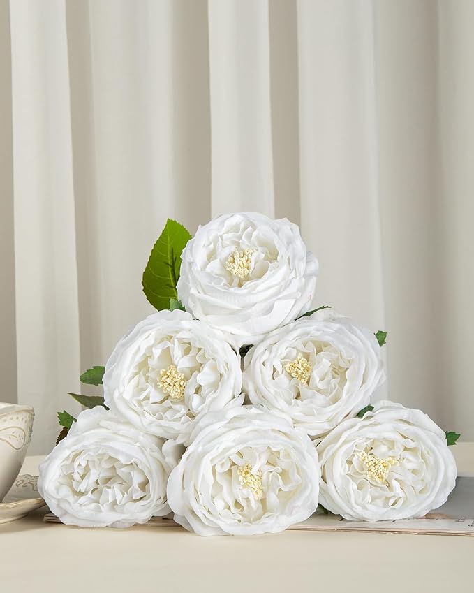 DuHouse 5Pcs Silk Roses Fake White Roses with Stems Real Touch Rose Artificial Flowers for Arrangement Wedding Party Home Decoration
